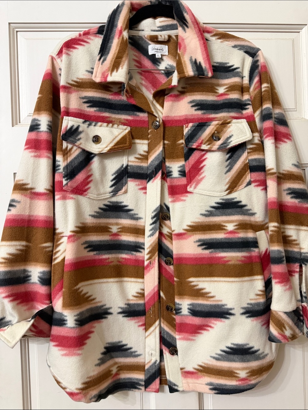 Women’s Aztec Print Button-Up Shacket - Cream, Brown & Pink